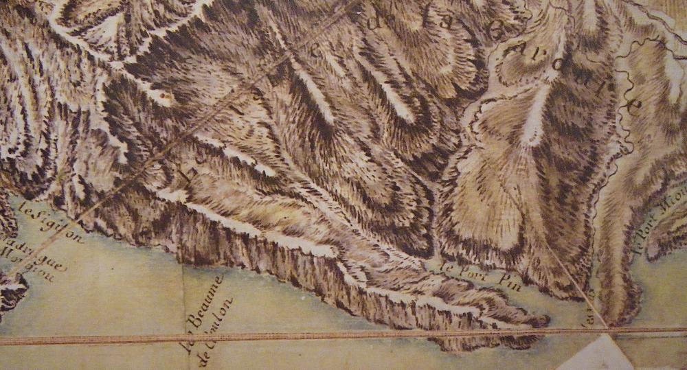 la Grande Baume : le littoral des Calanques de Sugiton à Port-Miou sur une carte du 18ème siècle