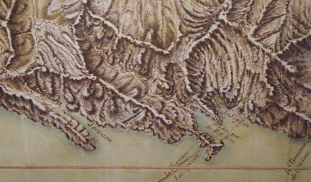 la Grande Baume : le littoral des Calanques de Sormiou à Sugiton sur une carte du 18ème siècle